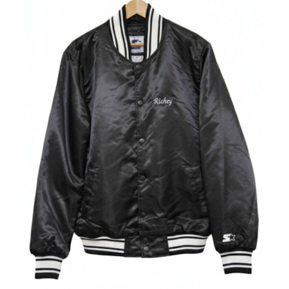 Mens large vintage starter satin bomber jacket black baseball varsity